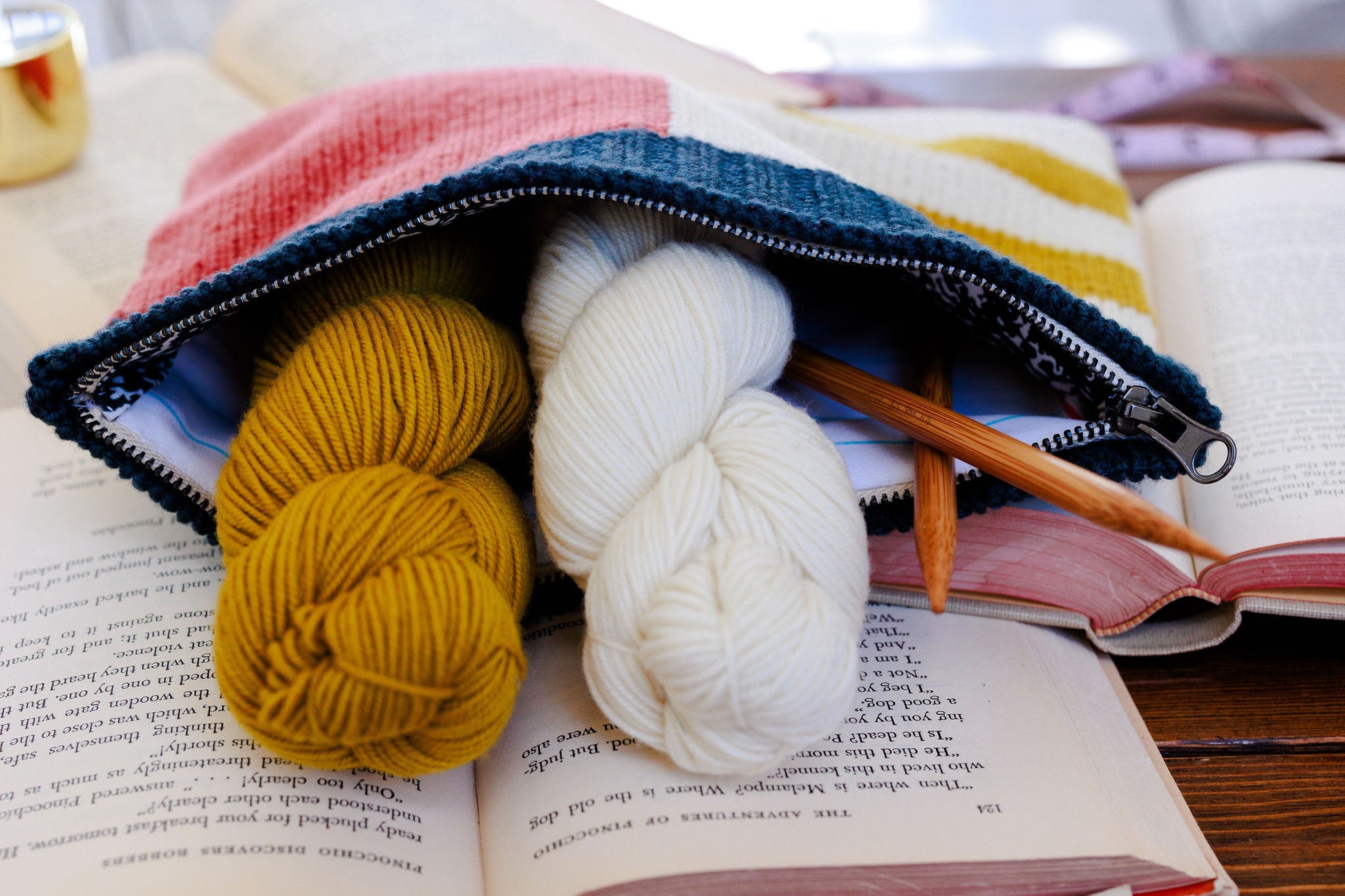 A zipper notions case holds two skeins of yarn and a pair of knitting needles. It's made with navy blue, cream, ochre, and pink yarn, and lies on top of open books.