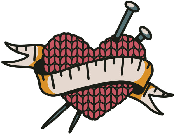 The One Wild Designs logo is a hand knitted heart stabbed with knitting needles, with a classic banner made from a tape measure.